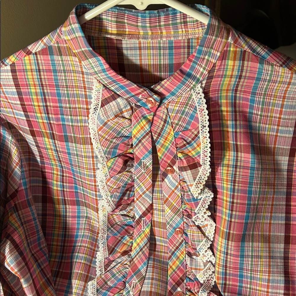 Plaid Ruffle Women'blouse, (Vintage )